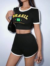 Women's Color Block Letter Printed Short Sleeve Top And Shorts Set, Summer